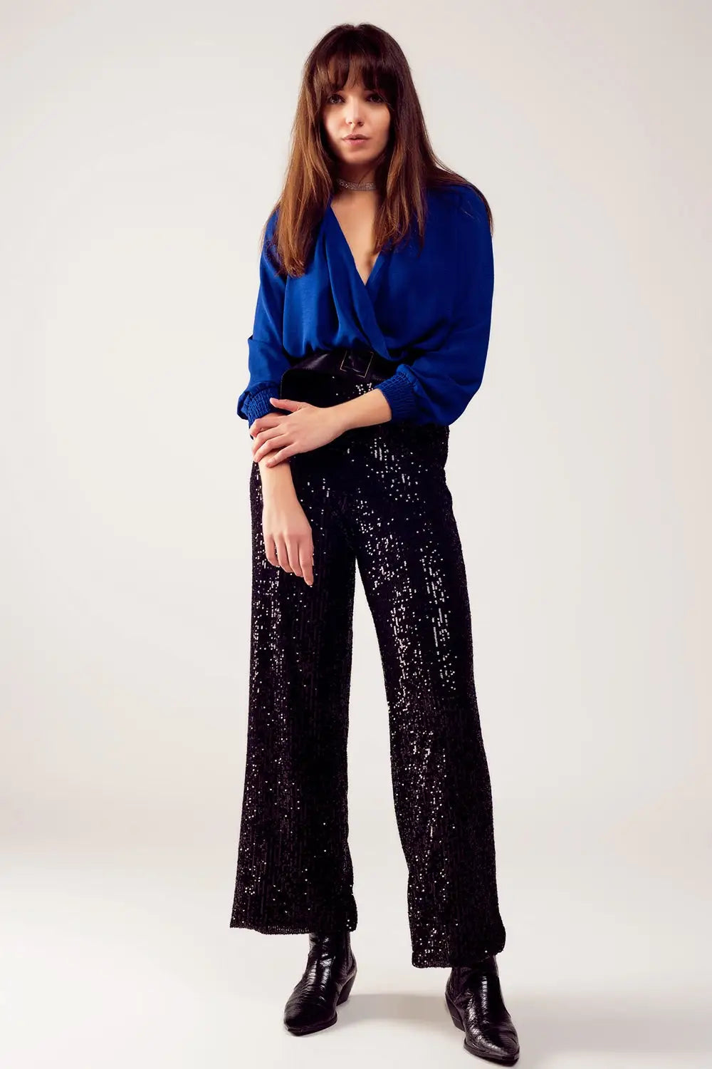 Long sleeved wrap satin blouse in blue - Shirts