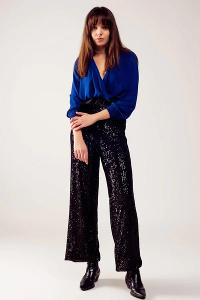 Long sleeved wrap satin blouse in blue - Shirts
