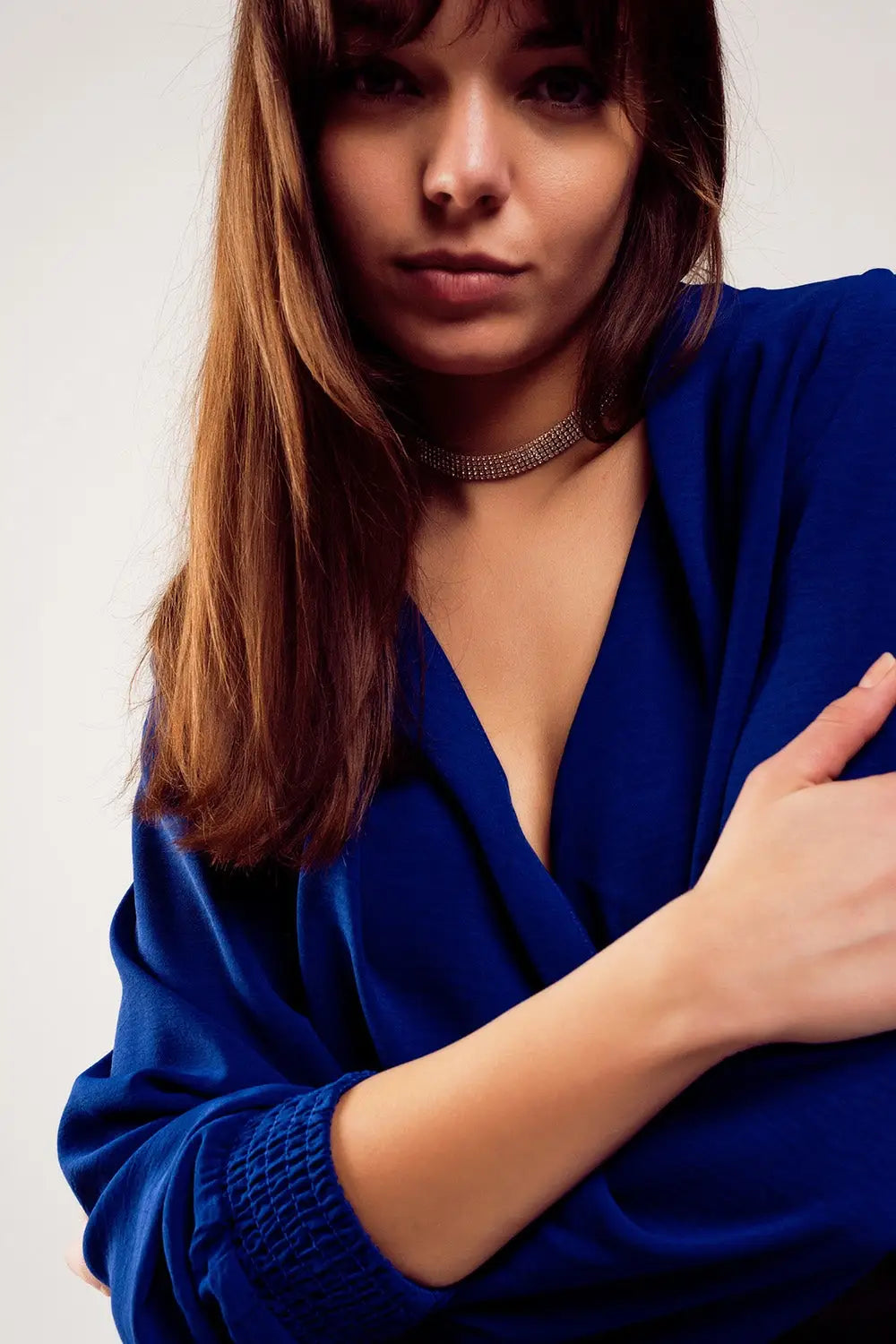 Long sleeved wrap satin blouse in blue - Shirts