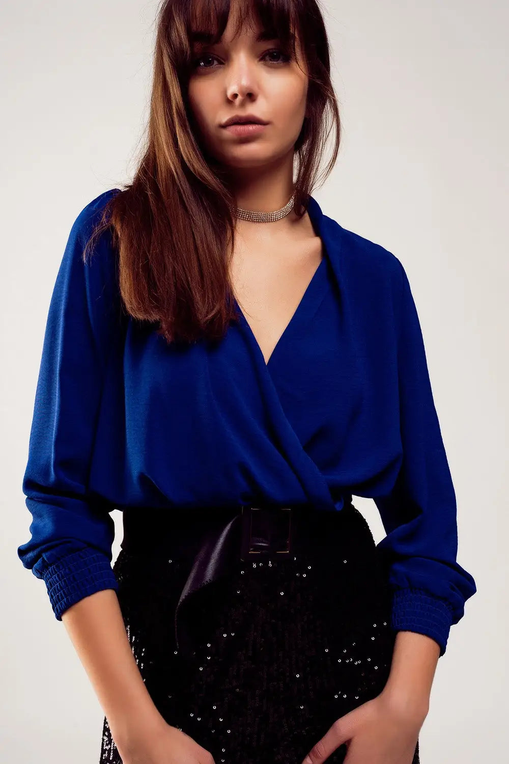 Long sleeved wrap satin blouse in blue - Shirts