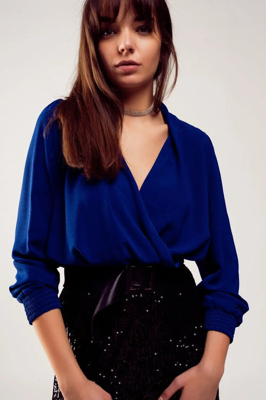 Long sleeved wrap satin blouse in blue - Shirts