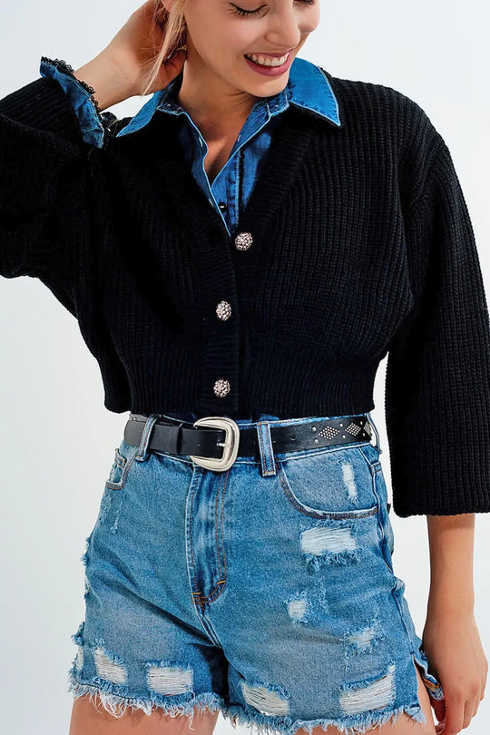 Long sleeves black cardigan with strass button detail - Sweaters