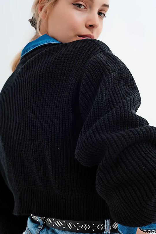 Long sleeves black cardigan with strass button detail - Sweaters