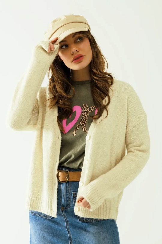 Long sleeves creme cardigan with front closure with buttons - Sweaters