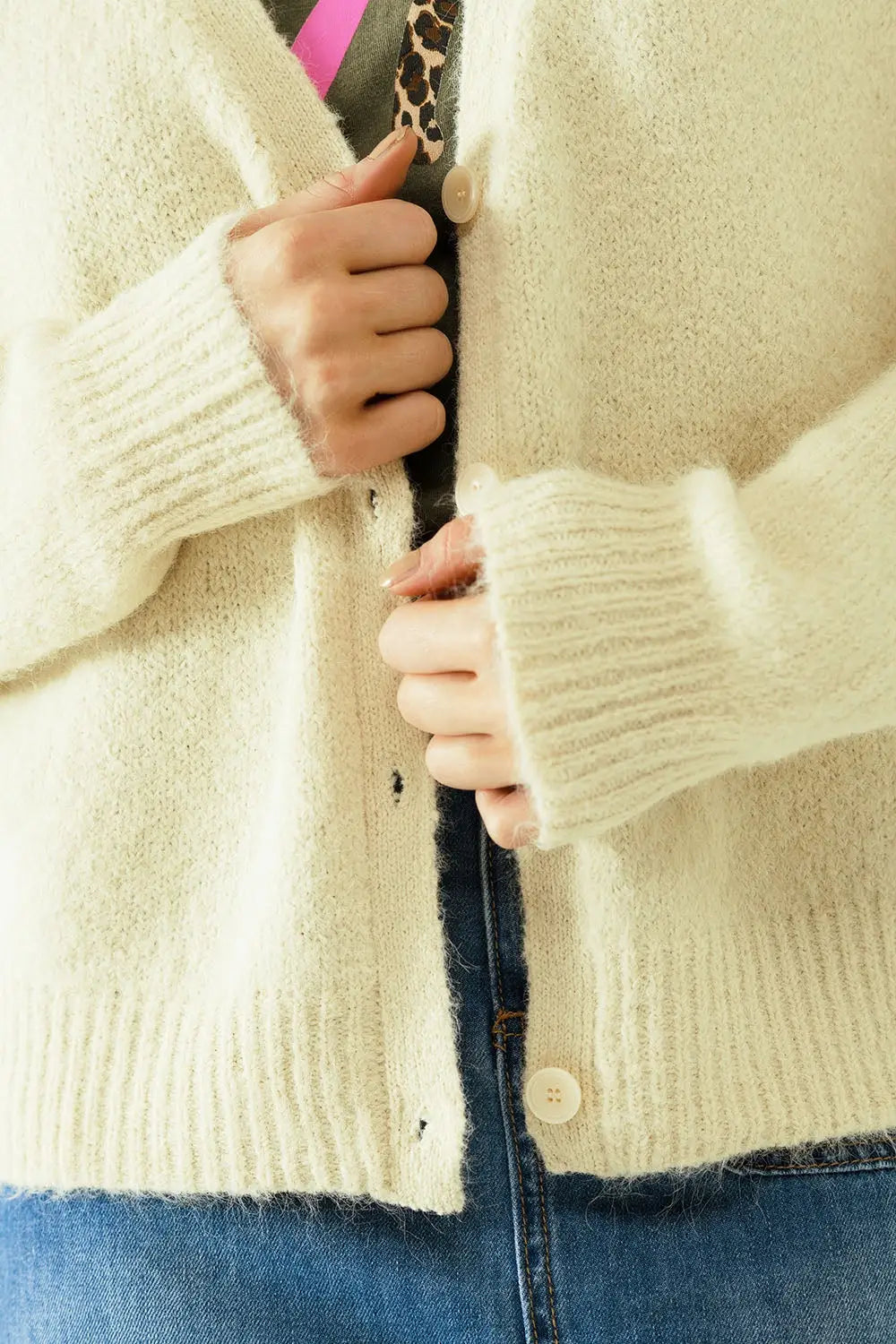 Long sleeves creme cardigan with front closure with buttons - Sweaters