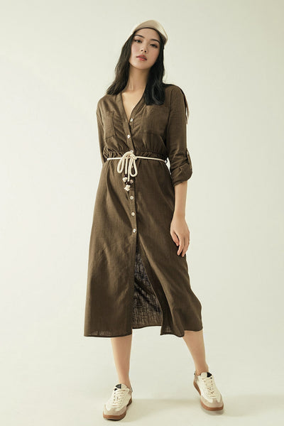 Q2 Long sleeves Khaki shirt dress with button closure