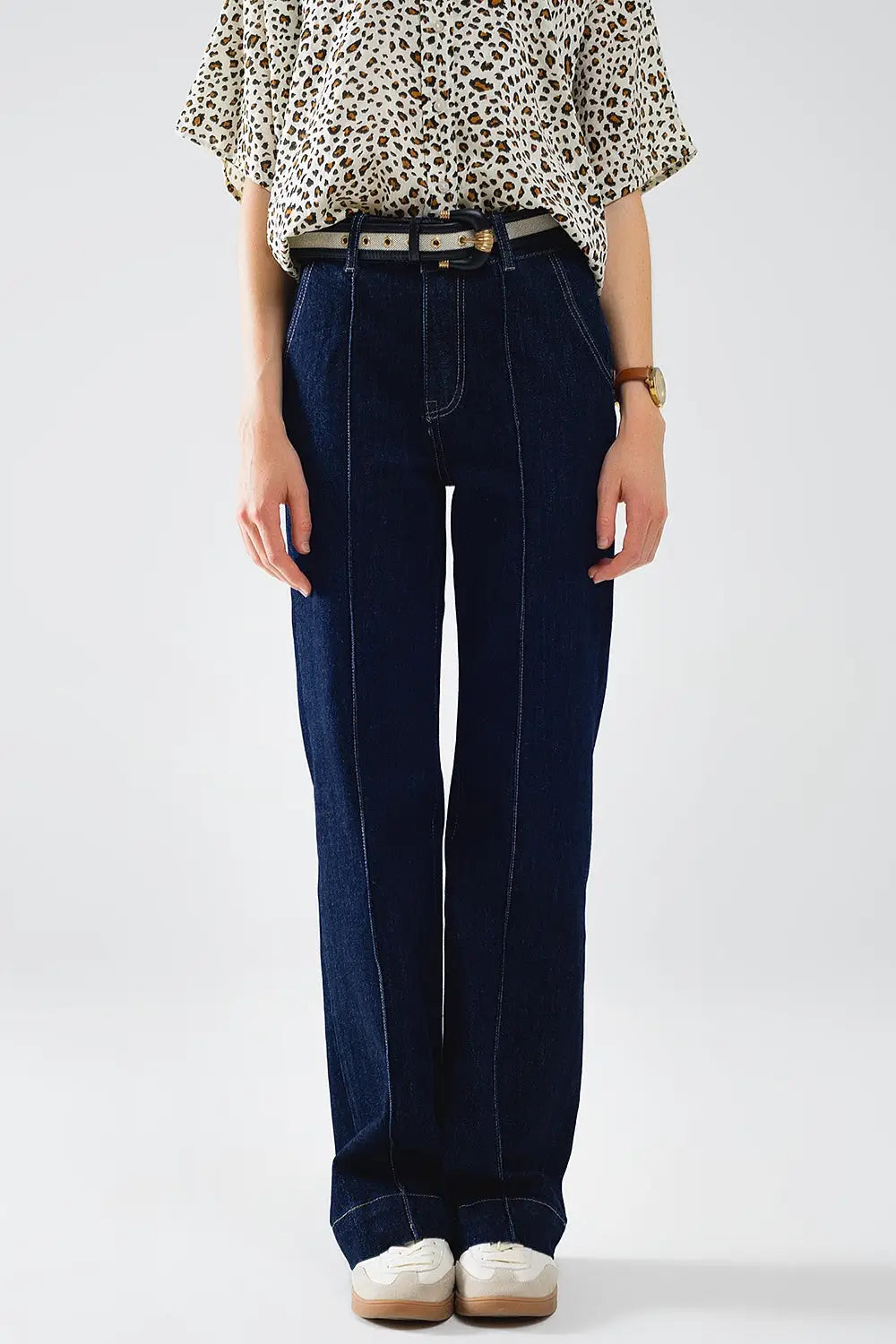 Long Straight Dark Blue Jeans With Contrast Stitching - Jeans