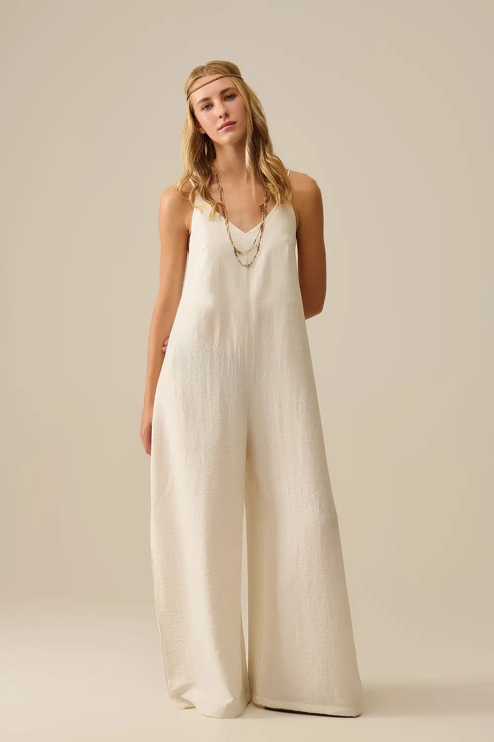 Q2 Long Textured Jumpsuit with Beaded Straps in Cream