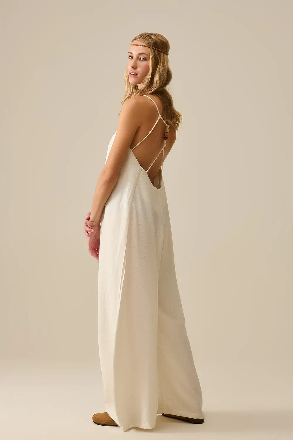 Long Textured Jumpsuit with Beaded Straps in Cream - Dresses