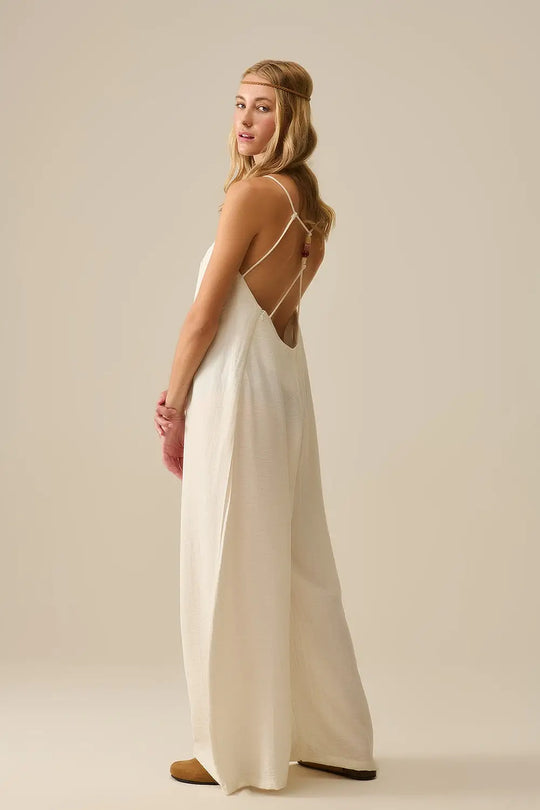 Long Textured Jumpsuit with Beaded Straps in Cream - Dresses