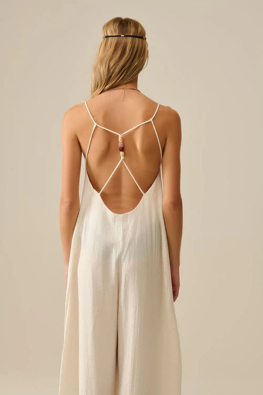 Long Textured Jumpsuit with Beaded Straps in Cream - Dresses