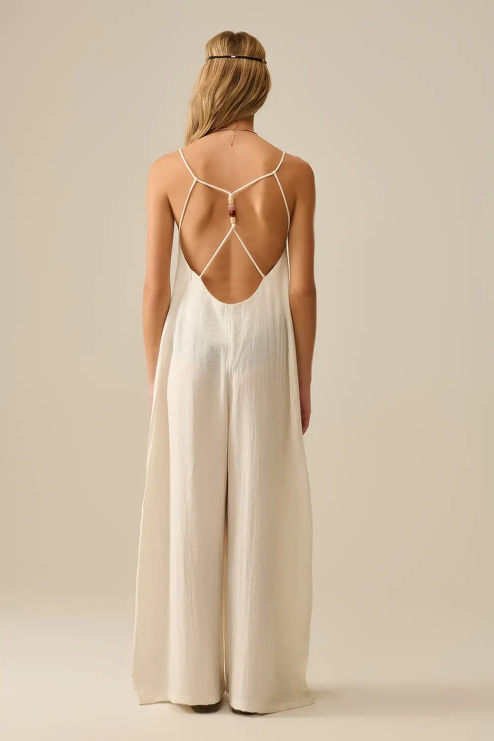 Long Textured Jumpsuit with Beaded Straps in Cream - Dresses