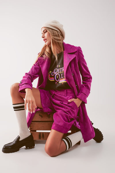 Q2 Longline blazer with vintage buttons in fuchsia cord