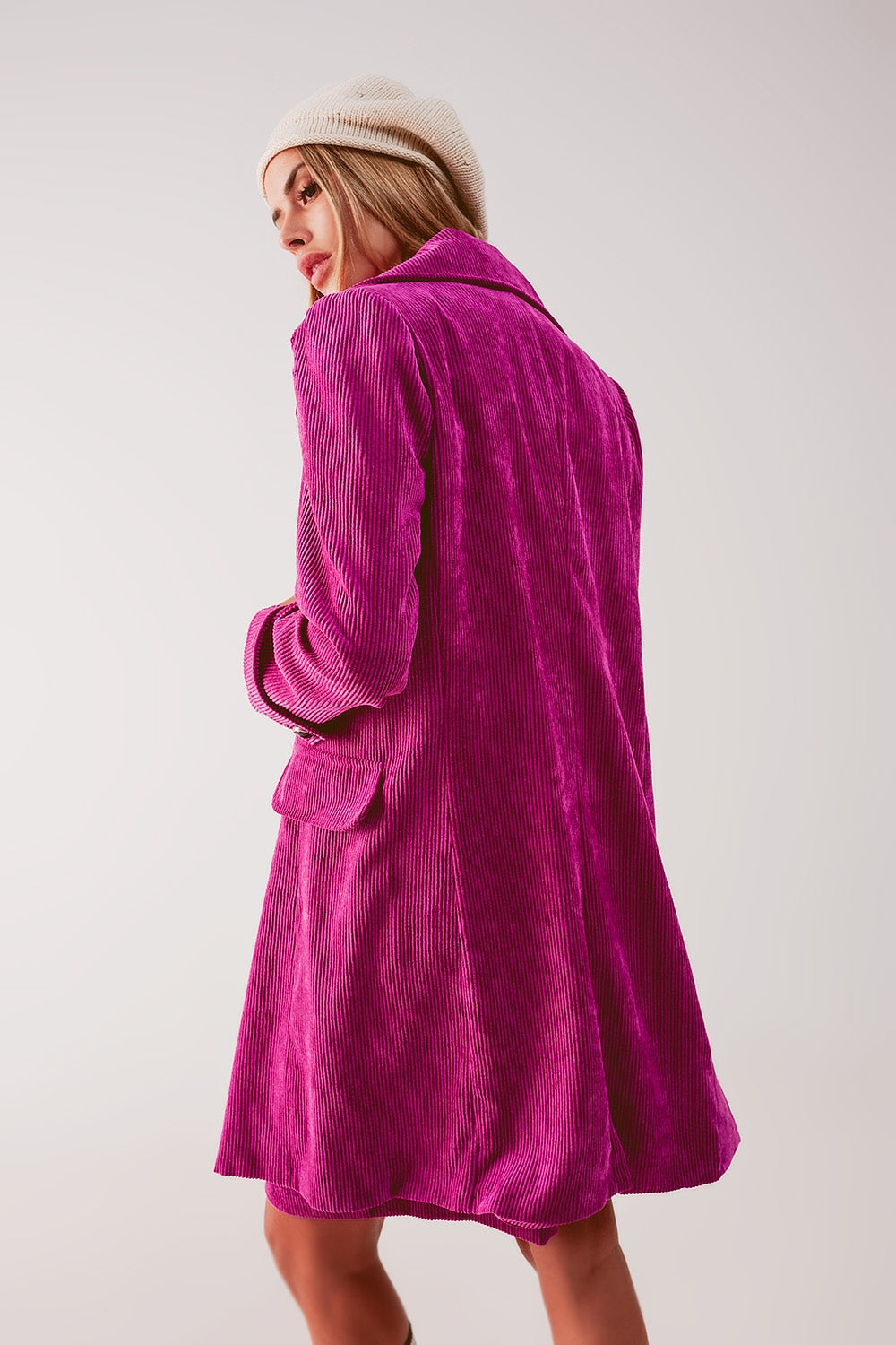 Longline blazer with vintage buttons in fuchsia cord