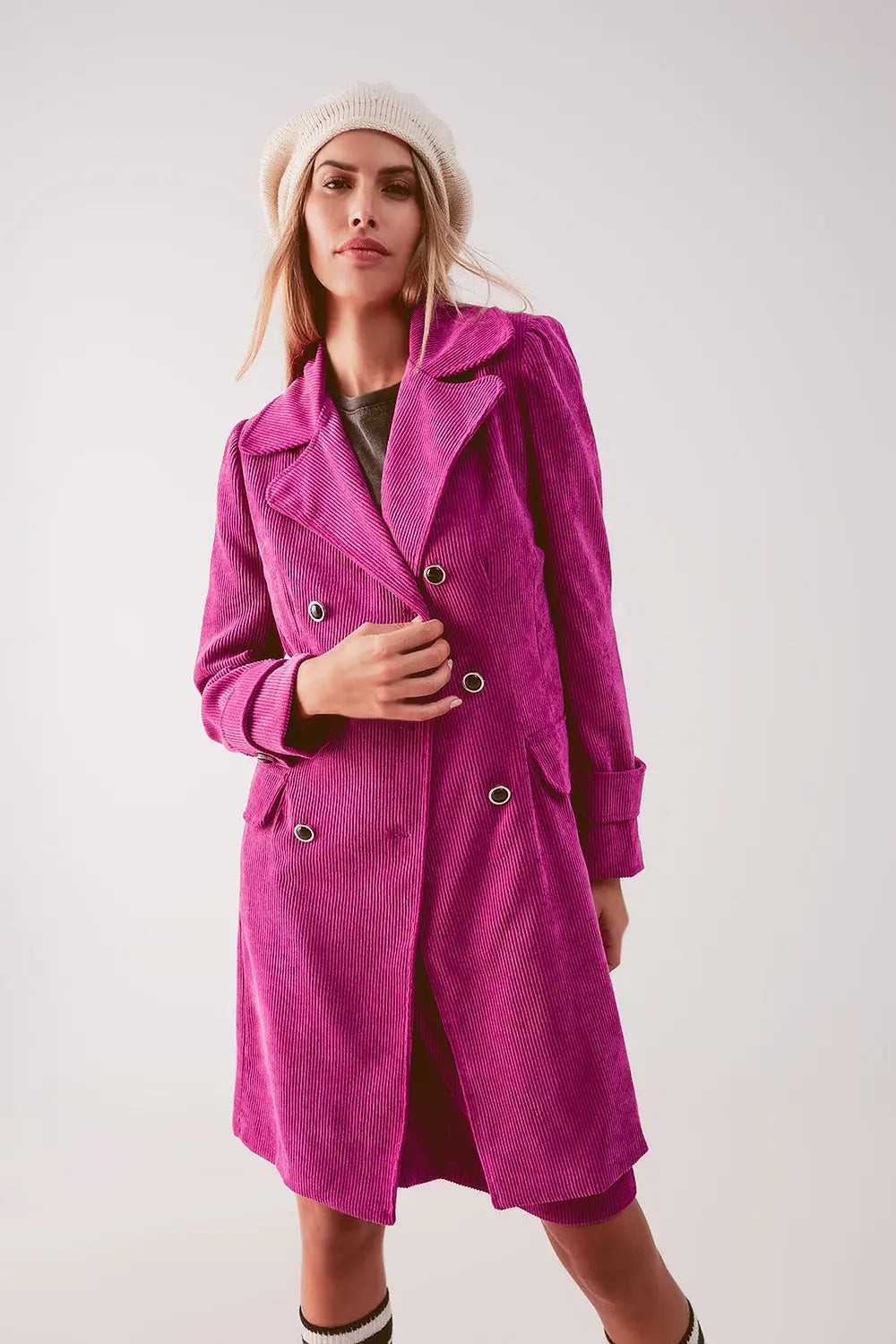 Longline blazer with vintage buttons in fuchsia cord - Coats and Jackets
