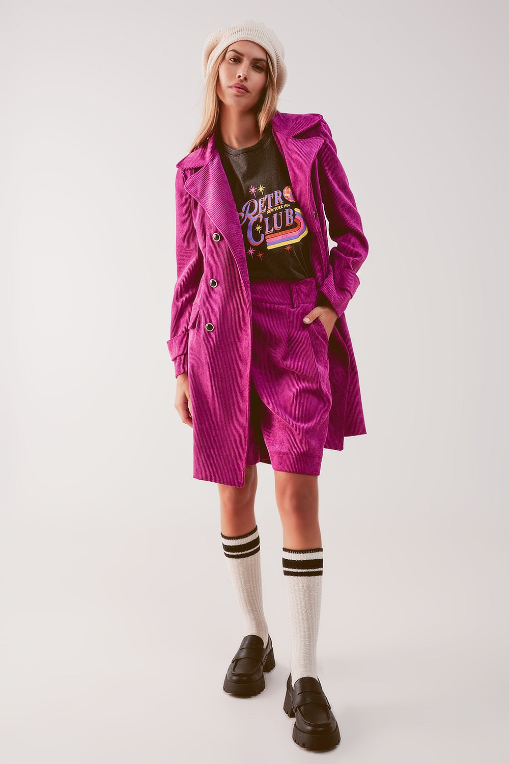 Longline blazer with vintage buttons in fuchsia cord