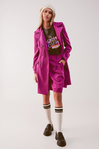 Longline blazer with vintage buttons in fuchsia cord