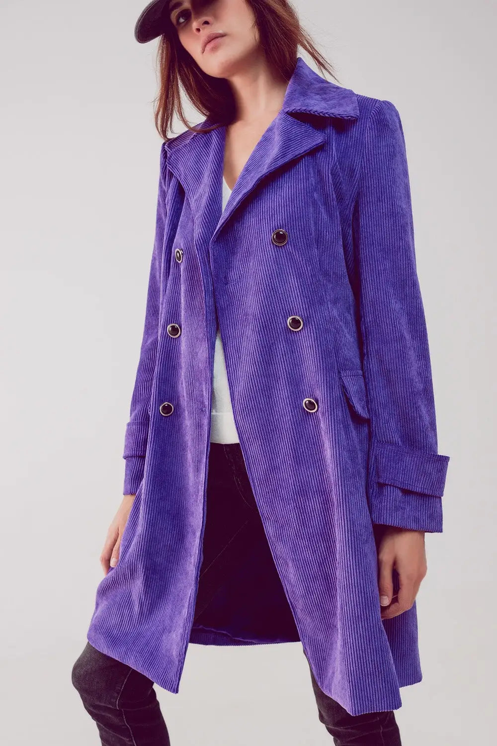 Q2 Longline blazer with vintage buttons in purple cord