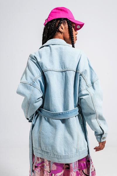 Longline denim jacket with belt in light blue wash