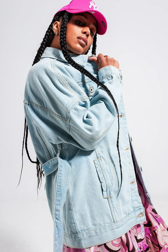 Longline denim jacket with belt in light blue wash - Coats and Jackets