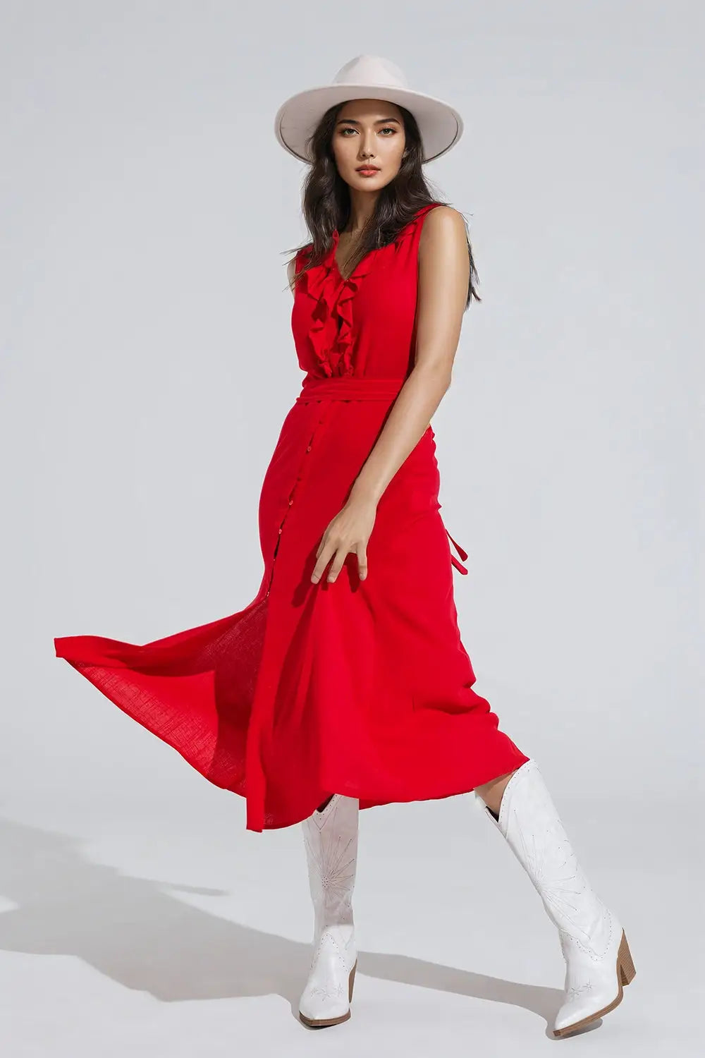 longue robe rouge à volants et boutons - Vestidos