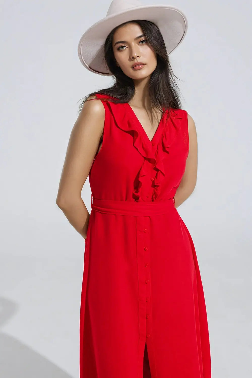 longue robe rouge à volants et boutons - Vestidos