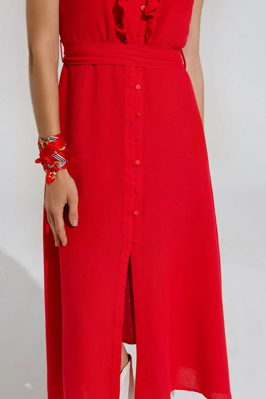 longue robe rouge à volants et boutons - Vestidos
