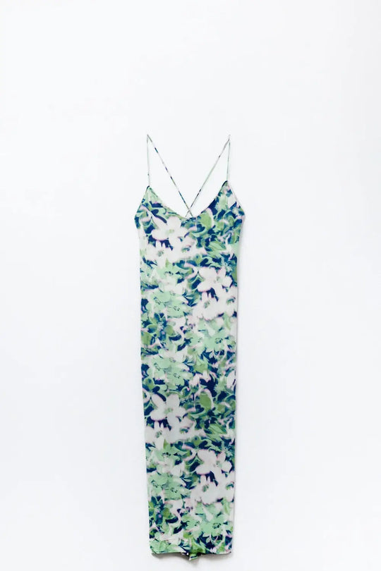 longue robe verte à imprimé floral avec large décolleté dans le dos - Vestidos