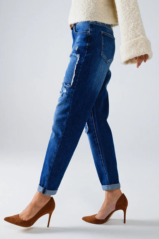 Loose blue jeans with subtle ripped design and patches - Jeans