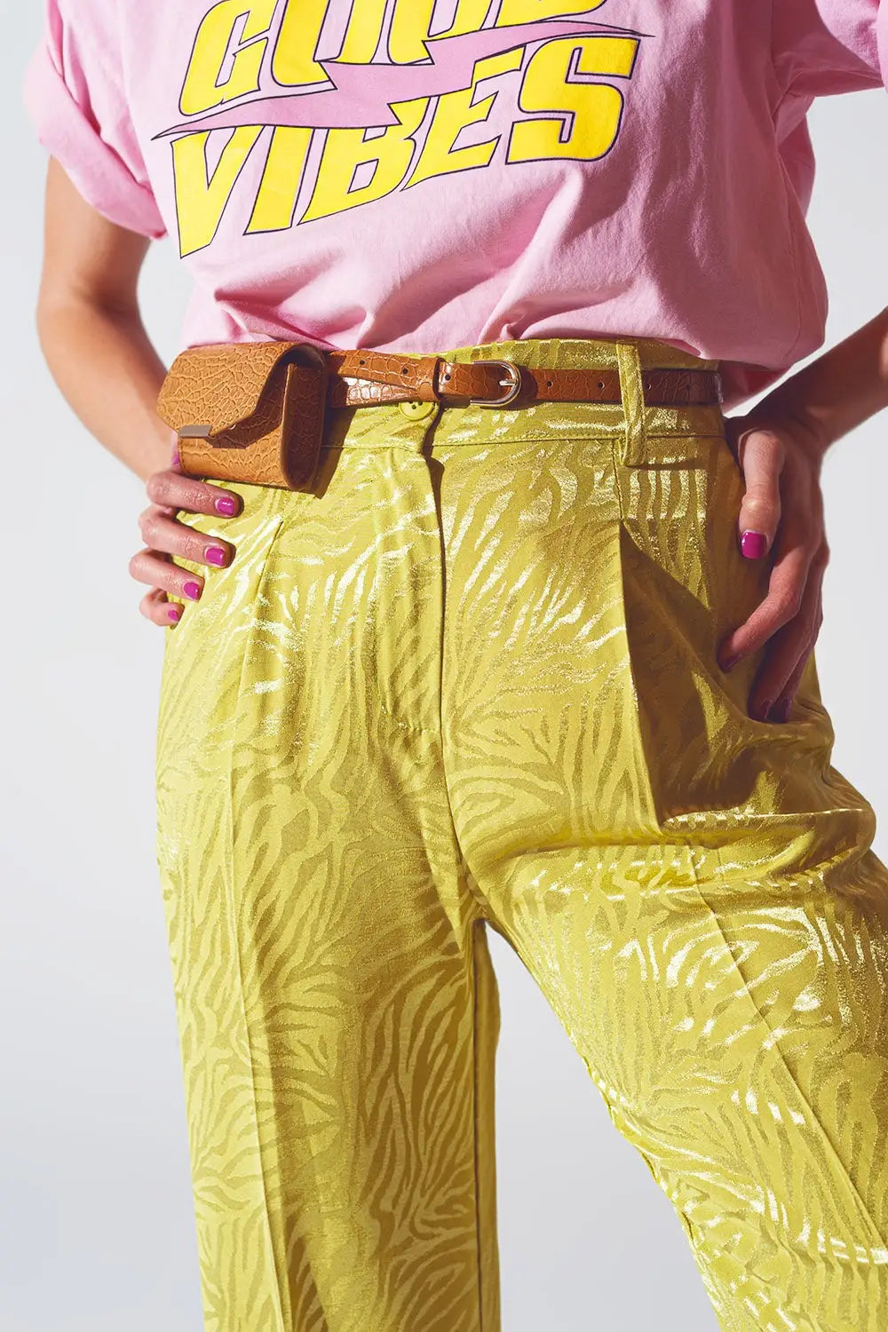 Loose Fit Zebra Print Pants in Green - Pants