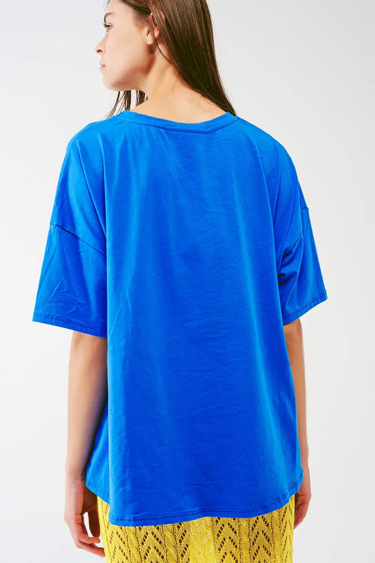 loose-fitting blue T-shirt with colored bear - One Size / Blue - Tops