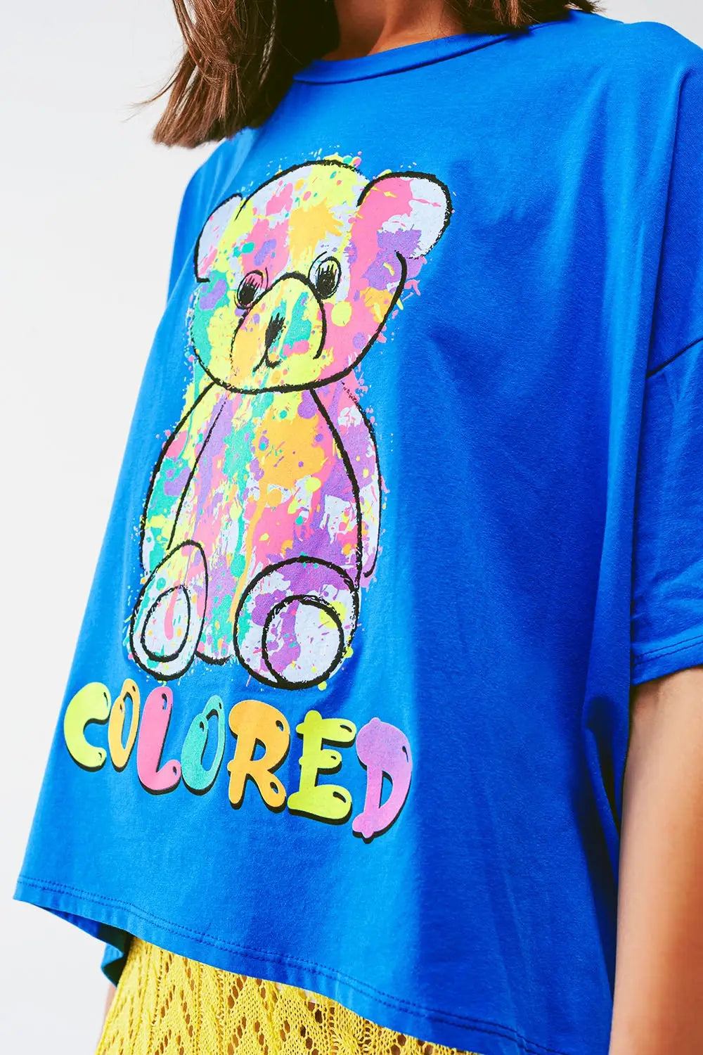 loose-fitting blue T-shirt with colored bear - One Size / Blue - Tops