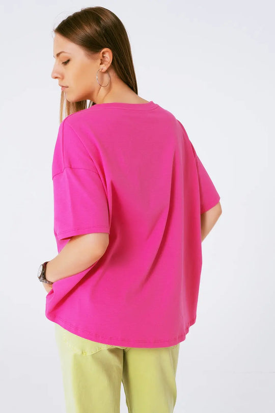 loose-fitting fuchsia T-shirt with colored bear - One Size / Pink - Tops