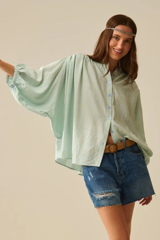 loose light blue gingham blouse - Shirts