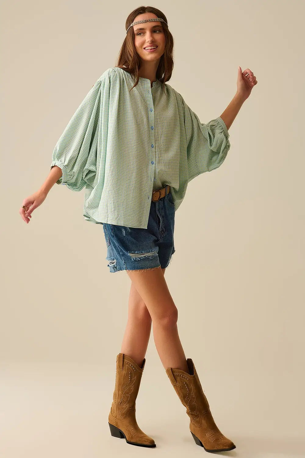 loose light blue gingham blouse - Shirts