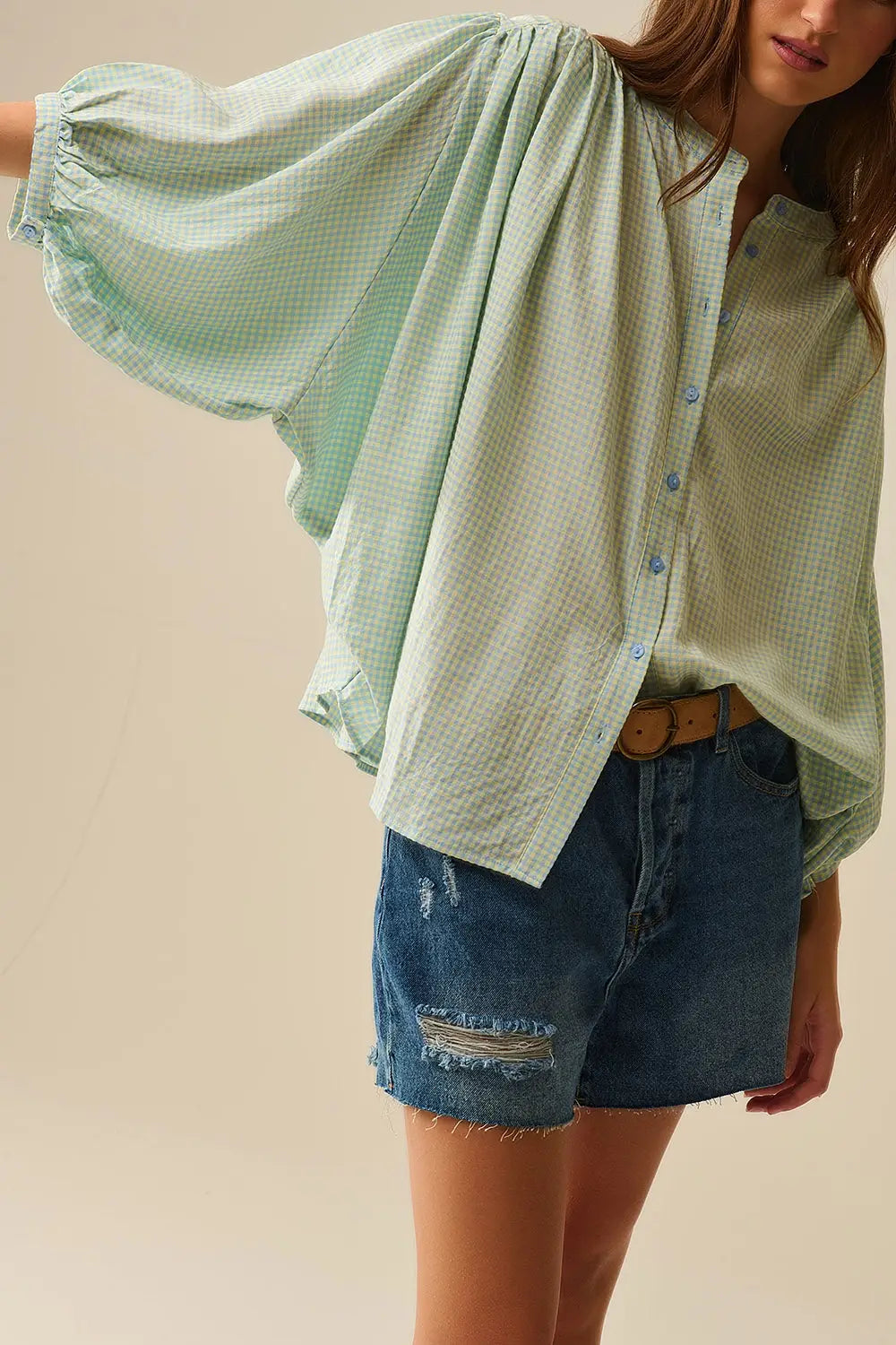 loose light blue gingham blouse - Shirts