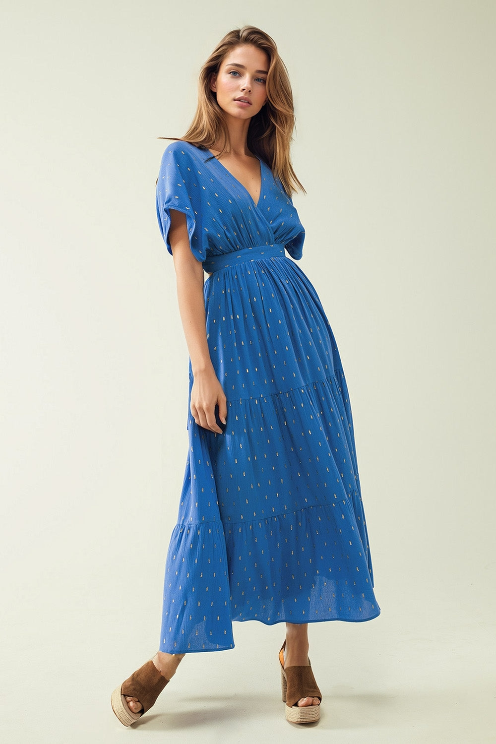 loose maxi blue dress sith golden details