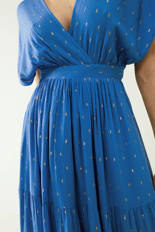 loose maxi blue dress sith golden details - Dresses