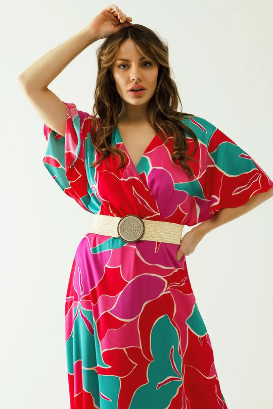 Loose mid dress with short sleeves and floral designs - Dresses