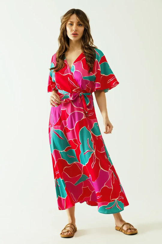 Loose mid dress with short sleeves and floral designs - Dresses