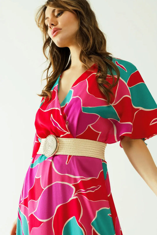 Loose mid dress with short sleeves and floral designs - Dresses