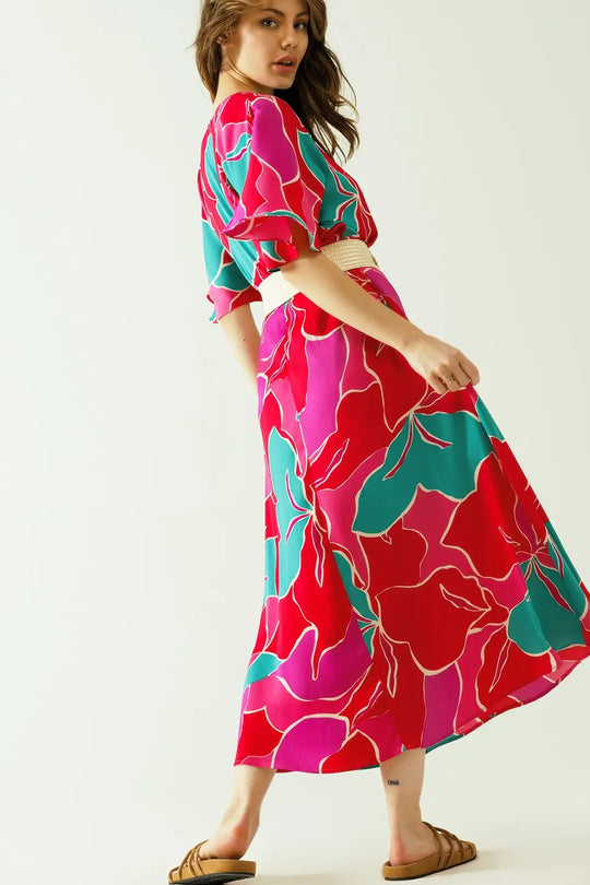Loose mid dress with short sleeves and floral designs - Dresses
