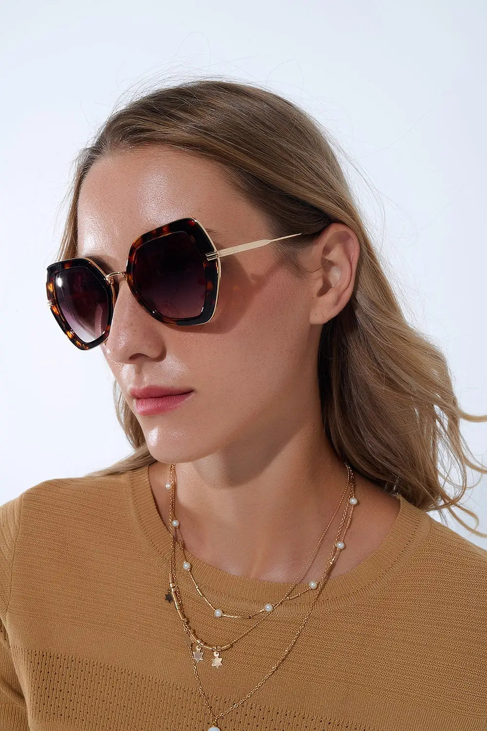 Q2 Lunettes de soleil extra-larges à œil de chat hexagonal en écaille de tortue
