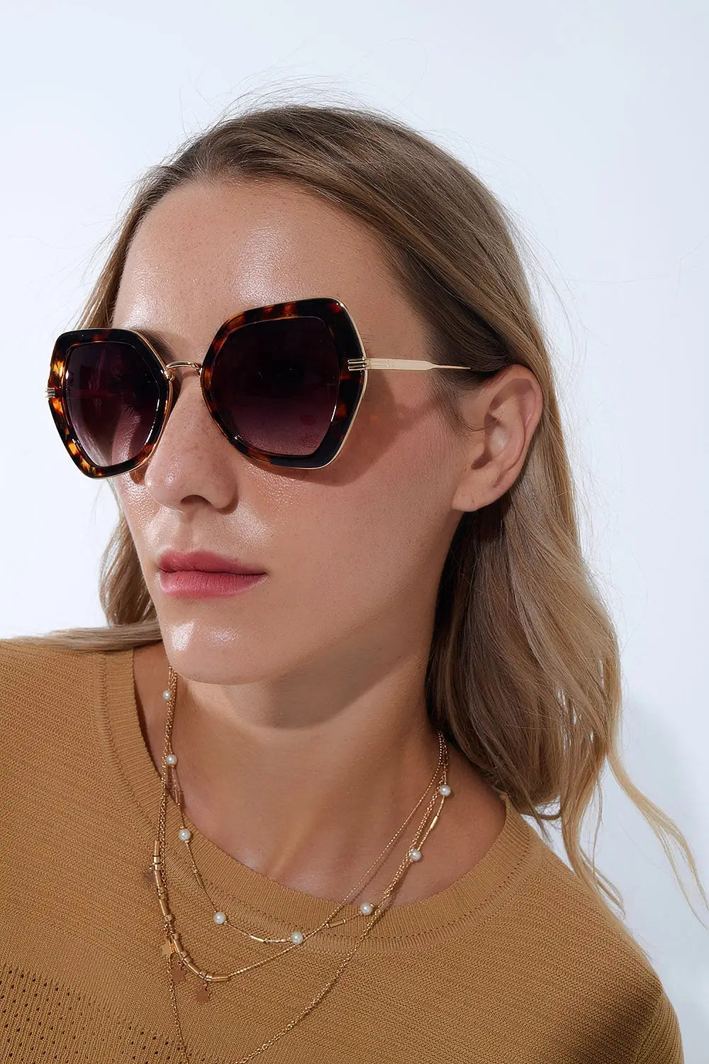 Lunettes de soleil extra-larges à œil de chat hexagonal en écaille de tortue - One Size / bleu