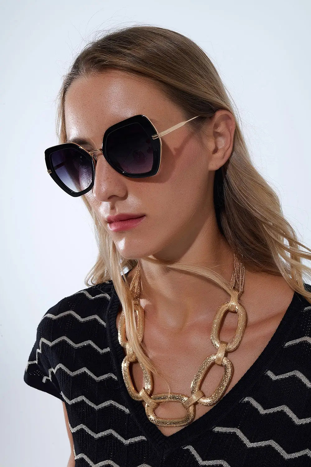 Lunettes de soleil extra-larges à œil de chat hexagonal en noir - One Size / Negro