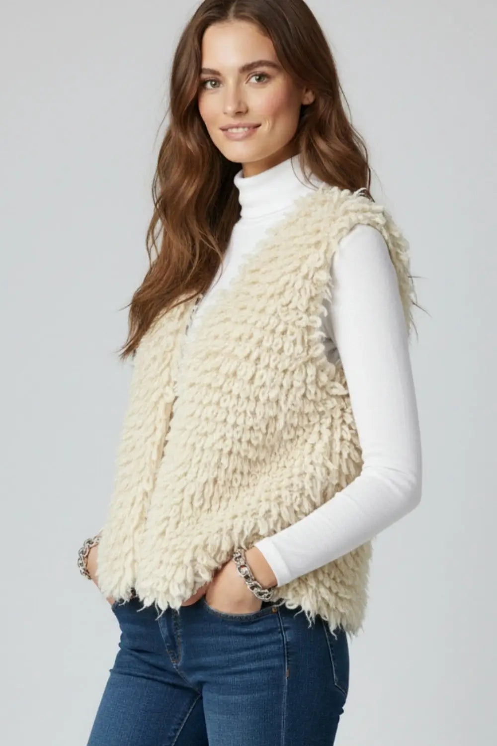 Luxurious vest with white long-haired texture - One Size / White