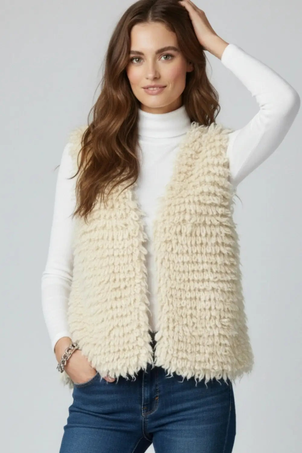 Luxurious vest with white long-haired texture - One Size / White