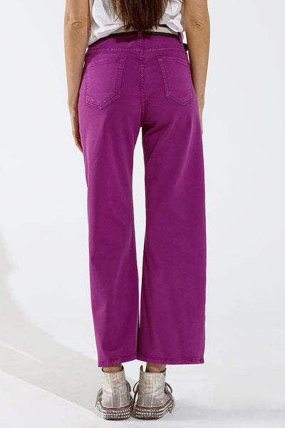 Magenta Wide Leg Jeans With Metallic Finish In Gold