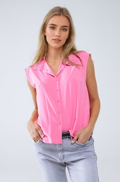 Q2 Mao Collar Sleeveless Pink Button up Blouse