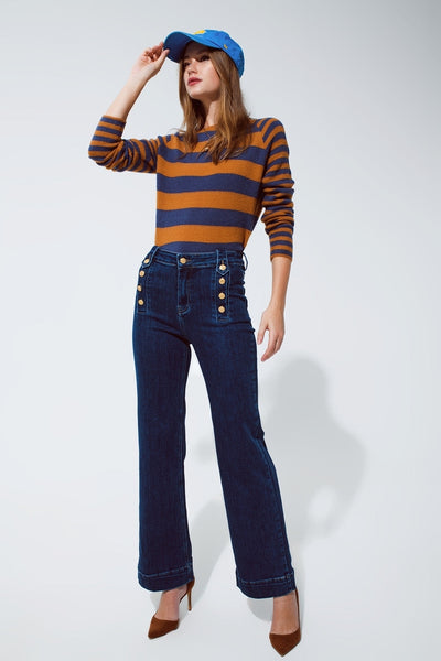 Marine Flare Jeans With Button Detailing in Mid wash